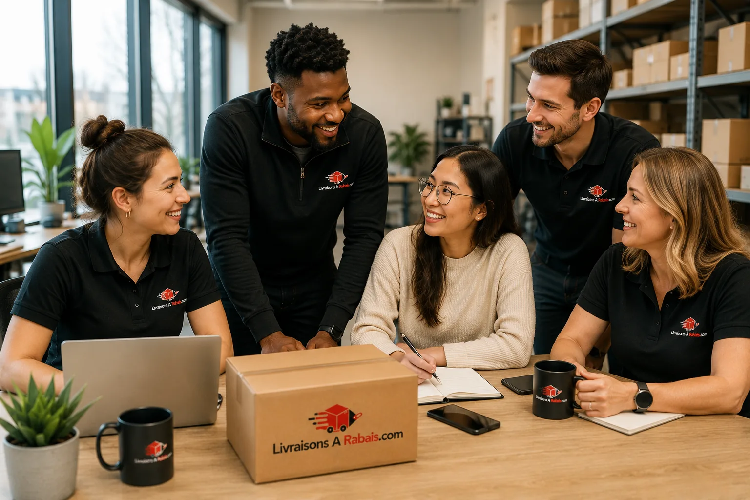 Our team together, wearing branded shirts.
