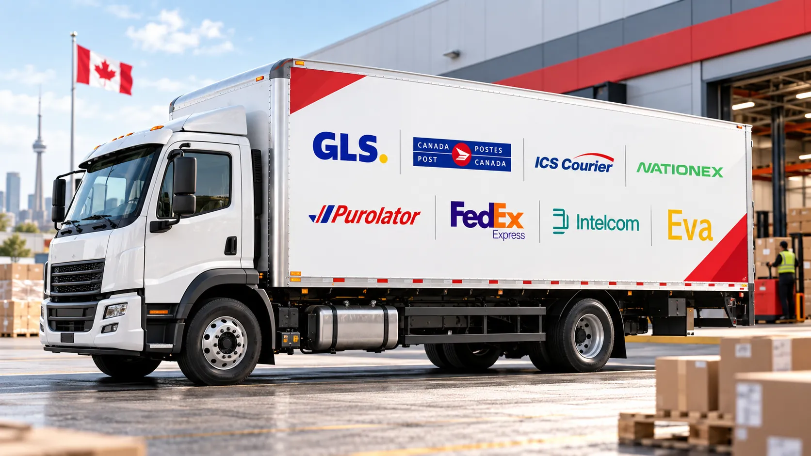 Delivery truck with the logos of partner carriers: GLS, Canada Post, ICS Courier, Nationex, Purolator, FedEx, Intelcom and Eva