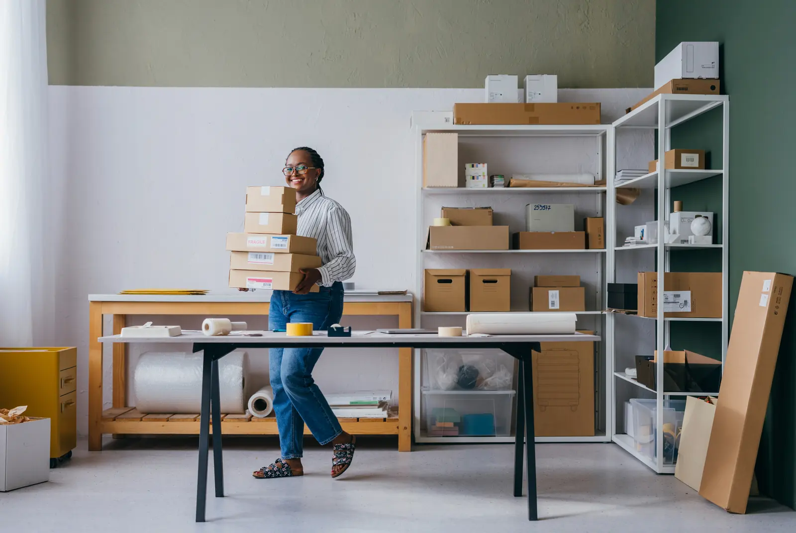 Smiling entrepreneur carrying a stack of parcels in her workshop, ready to ship.