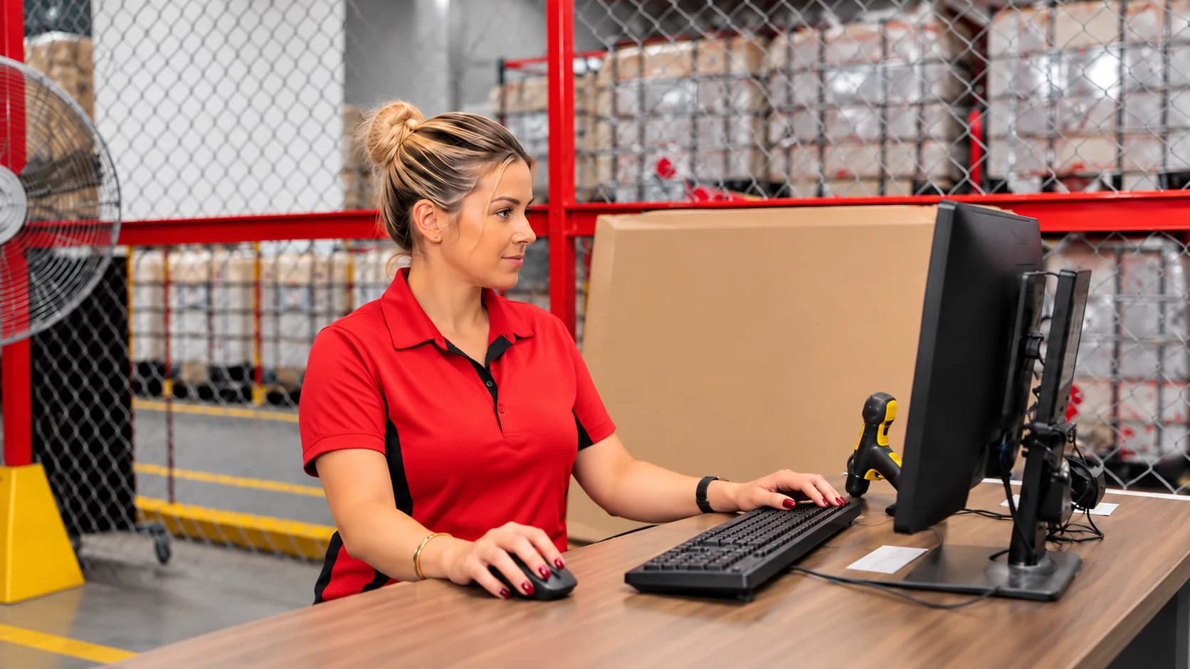 Two shop owners creating a shipment on the client portal, with a parcel ready to go beside them.