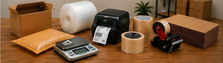 Shipping supplies: boxes, bubble mailers, bubble wrap, a label printer, a scale and rolls of tape.