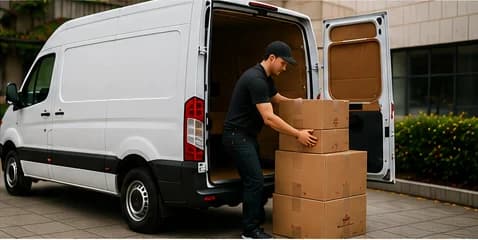 Driver loading parcels into the back of a white delivery van.