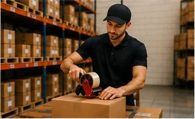 Warehouse employee taping a parcel shut in front of storage racks.