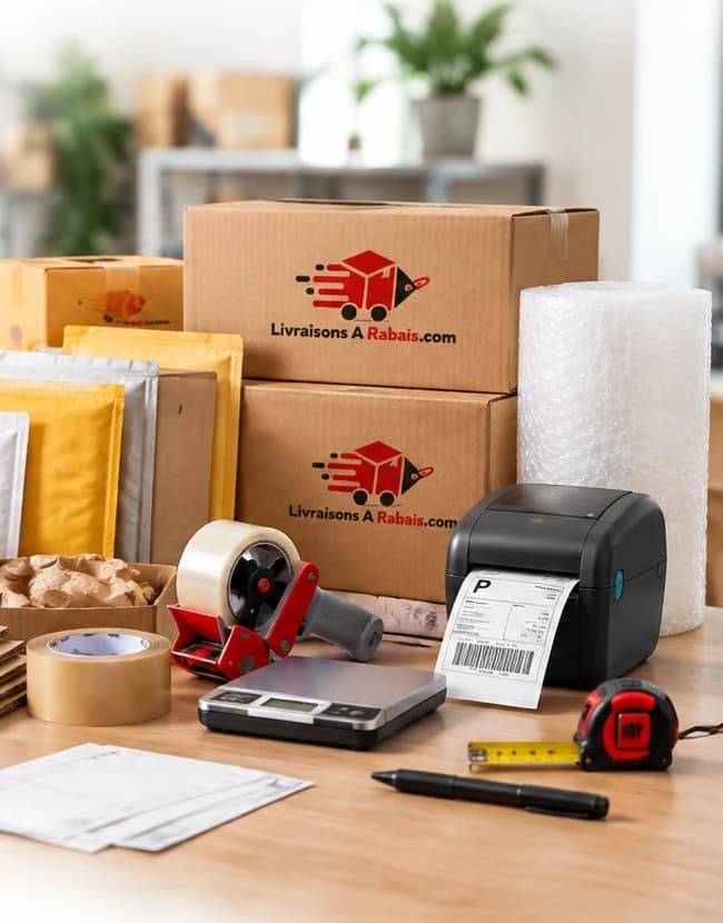 LAR Shipping boxes, padded envelopes, a roll of bubble wrap, packing tape, a parcel scale, a label printer and a measuring tape on a work table.